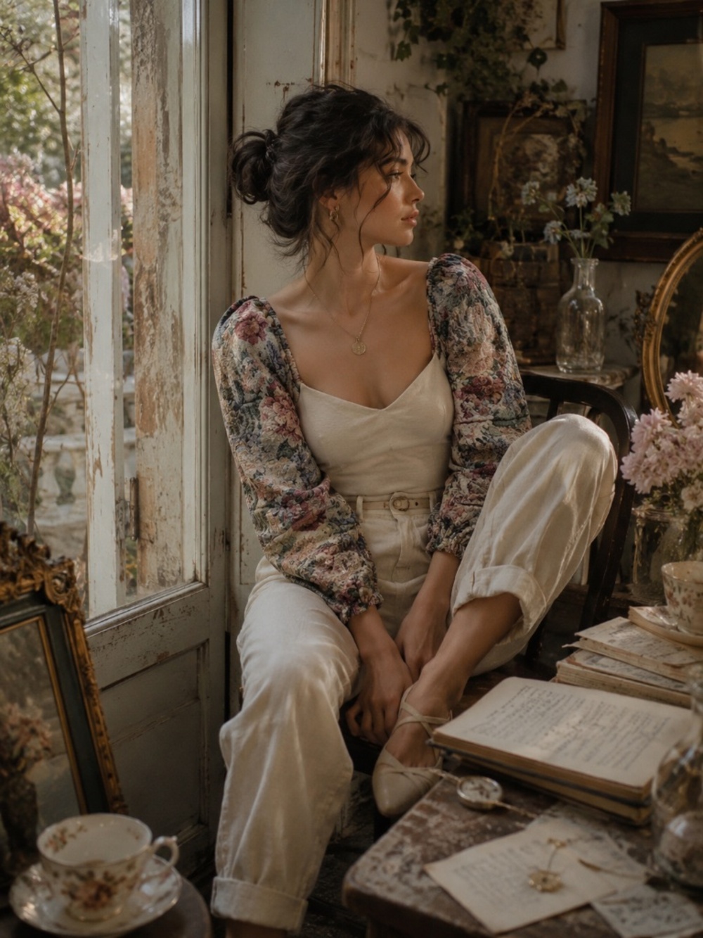 Romantic Floral Mesh Bodysuit Sheer Long Sleeve Ruched Cottagecore Coquette